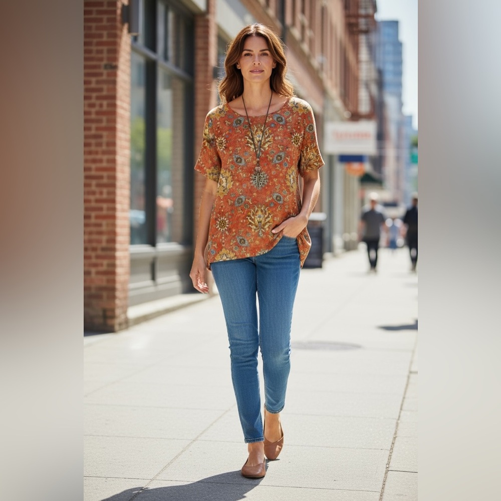 Floral Patterned Orange Top‎